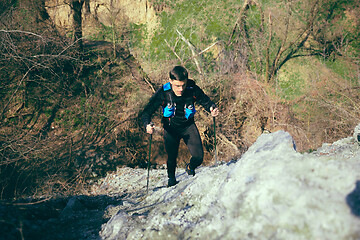 Image showing Hiker - man hiking in forest.