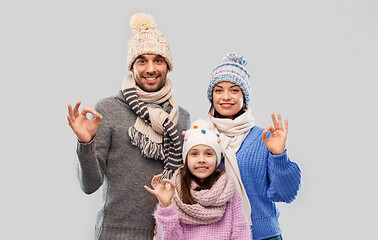 Image showing happy family in winter clothes showing ok gesture