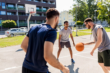 Image showing group of male friends playing street basketball