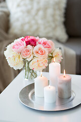 Image showing candles burning on table and flowers at cozy home