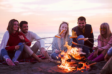 Image showing Group Of Young Friends Sitting By The Fire at beach