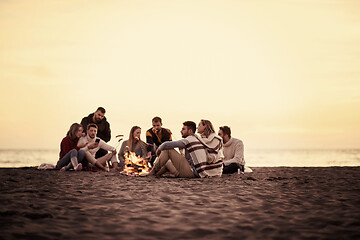 Image showing Group Of Young Friends Sitting By The Fire at beach