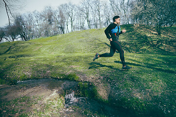 Image showing Man running in a park or forest against trees background.