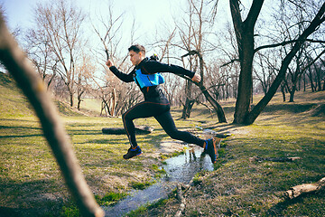 Image showing Man running in a park or forest against trees background.