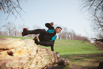 Image showing Man running in a park or forest against trees background.