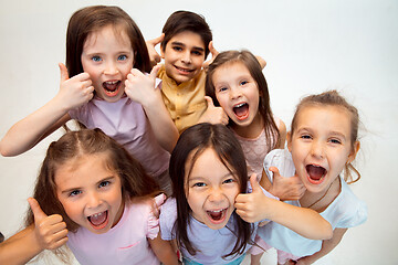 Image showing The portrait of cute little boy and girls in stylish clothes looking at camera at studio