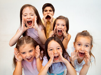 Image showing The portrait of cute little boy and girls in stylish clothes looking at camera at studio