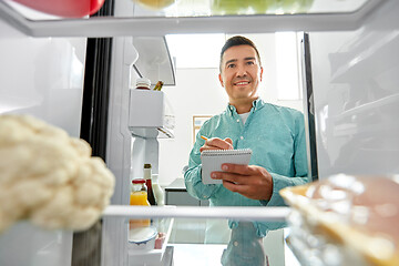 Image showing man making list of necessary food at home fridge