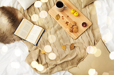 Image showing cookies, lemon tea, book and leaves in bed