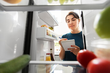 Image showing woman making list of necessary food at home fridge