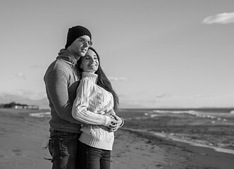 Image showing Loving young couple on a beach at autumn sunny day