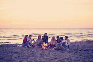 Image showing Group Of Young Friends Sitting By The Fire at beach