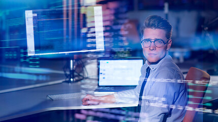 Image showing man working on computer in dark office