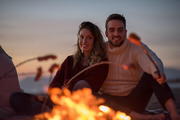 Image showing Group Of Young Friends Sitting By The Fire at beach