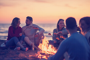 Image showing Group Of Young Friends Sitting By The Fire at beach