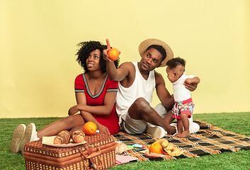 Image showing Happy family having picnic at studio