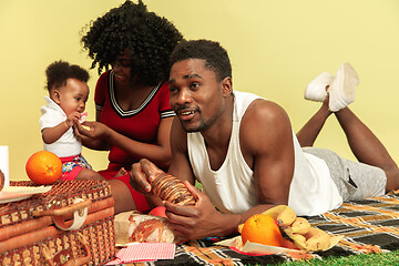 Image showing Happy family having picnic at studio