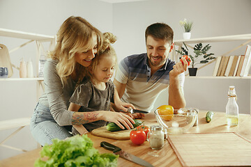 Image showing Cute little girl and her beautiful parents are cutting vegetables in kitchen at home