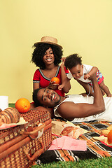 Image showing Happy family having picnic at studio