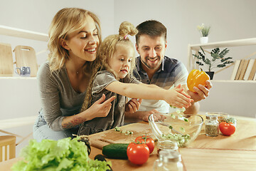 Image showing Cute little girl and her beautiful parents are cutting vegetables in kitchen at home