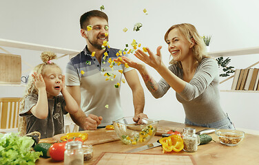 Image showing Cute little girl and her beautiful parents are cutting vegetables in kitchen at home