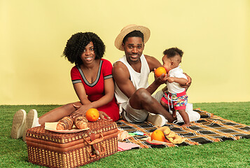 Image showing Happy family having picnic at studio