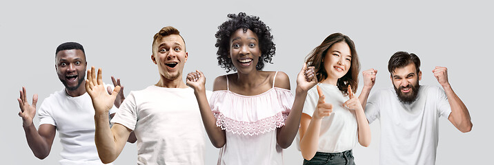 Image showing The collage of faces of surprised people on white backgrounds.