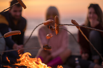 Image showing Group Of Young Friends Sitting By The Fire at beach