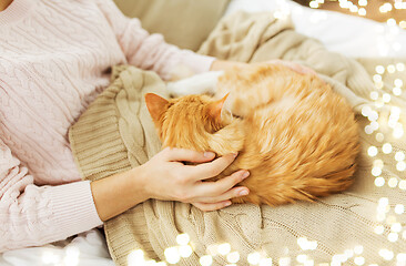 Image showing close up of owner with red cat in bed at home