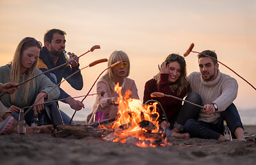 Image showing Group Of Young Friends Sitting By The Fire at beach