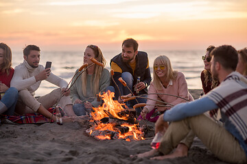 Image showing Group Of Young Friends Sitting By The Fire at beach