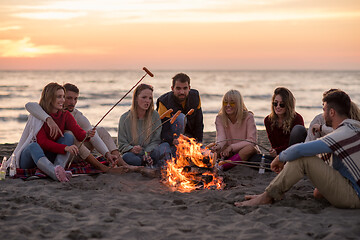 Image showing Group Of Young Friends Sitting By The Fire at beach