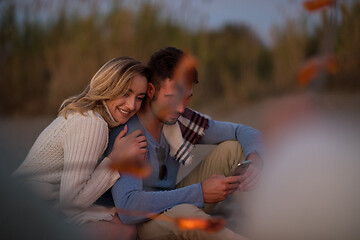 Image showing Group Of Young Friends Sitting By The Fire at beach