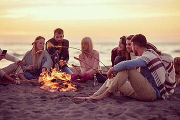 Image showing Group Of Young Friends Sitting By The Fire at beach