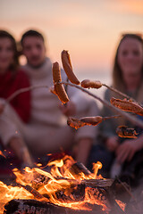 Image showing Group Of Young Friends Sitting By The Fire at beach