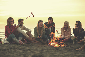 Image showing Group Of Young Friends Sitting By The Fire at beach