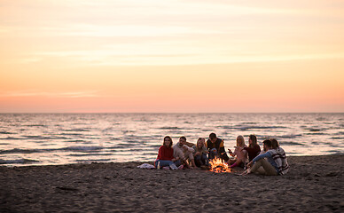 Image showing Group Of Young Friends Sitting By The Fire at beach