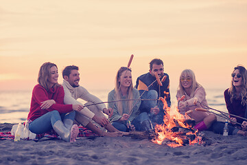 Image showing Group Of Young Friends Sitting By The Fire at beach