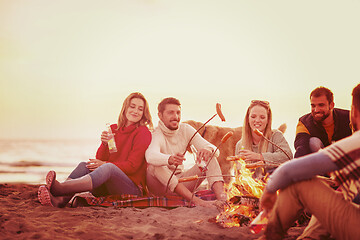 Image showing Group Of Young Friends Sitting By The Fire at beach