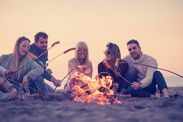 Image showing Group Of Young Friends Sitting By The Fire at beach