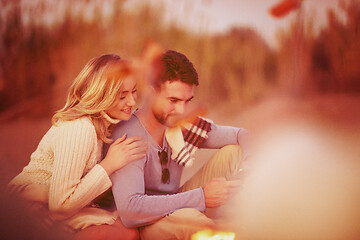 Image showing Group Of Young Friends Sitting By The Fire at beach