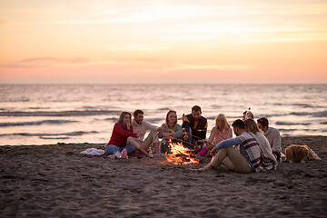 Image showing Group Of Young Friends Sitting By The Fire at beach