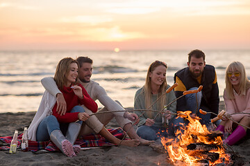 Image showing Group Of Young Friends Sitting By The Fire at beach