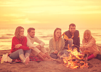 Image showing Group Of Young Friends Sitting By The Fire at beach