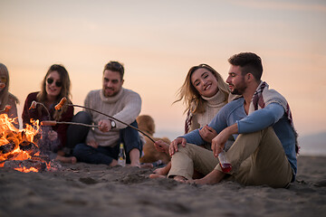 Image showing Group Of Young Friends Sitting By The Fire at beach