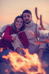 Image showing Group Of Young Friends Sitting By The Fire at beach