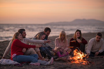 Image showing Group Of Young Friends Sitting By The Fire at beach