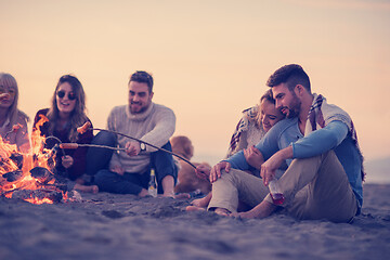 Image showing Group Of Young Friends Sitting By The Fire at beach