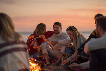 Image showing Group Of Young Friends Sitting By The Fire at beach