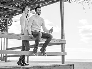 Image showing young couple drinking beer together at the beach